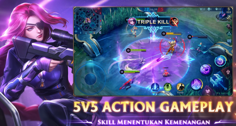 Gambar karakter wanita berbaju biru dan penampakan pola permainan game Mobile Legends.