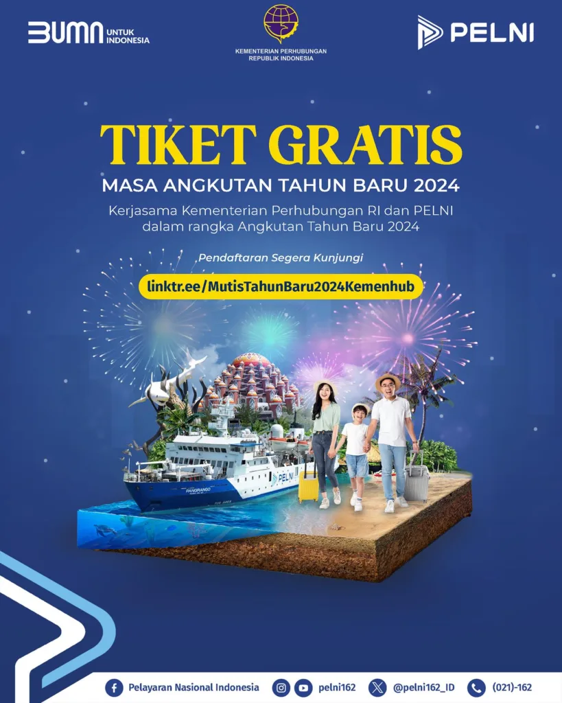 PT Pelayaran Nasional Indonesia (PELNI) bersama Kementerian Perhubungan (Kemenhub) bagi-bagi ribuan tiket kapal gratis di momen liburan tahun baru 2024. (Foto: Instagram @pelni162)