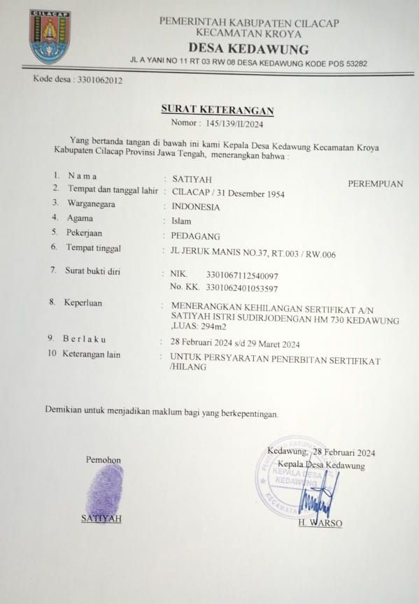 Warga Cilacap Kehilangan Sertifikat 