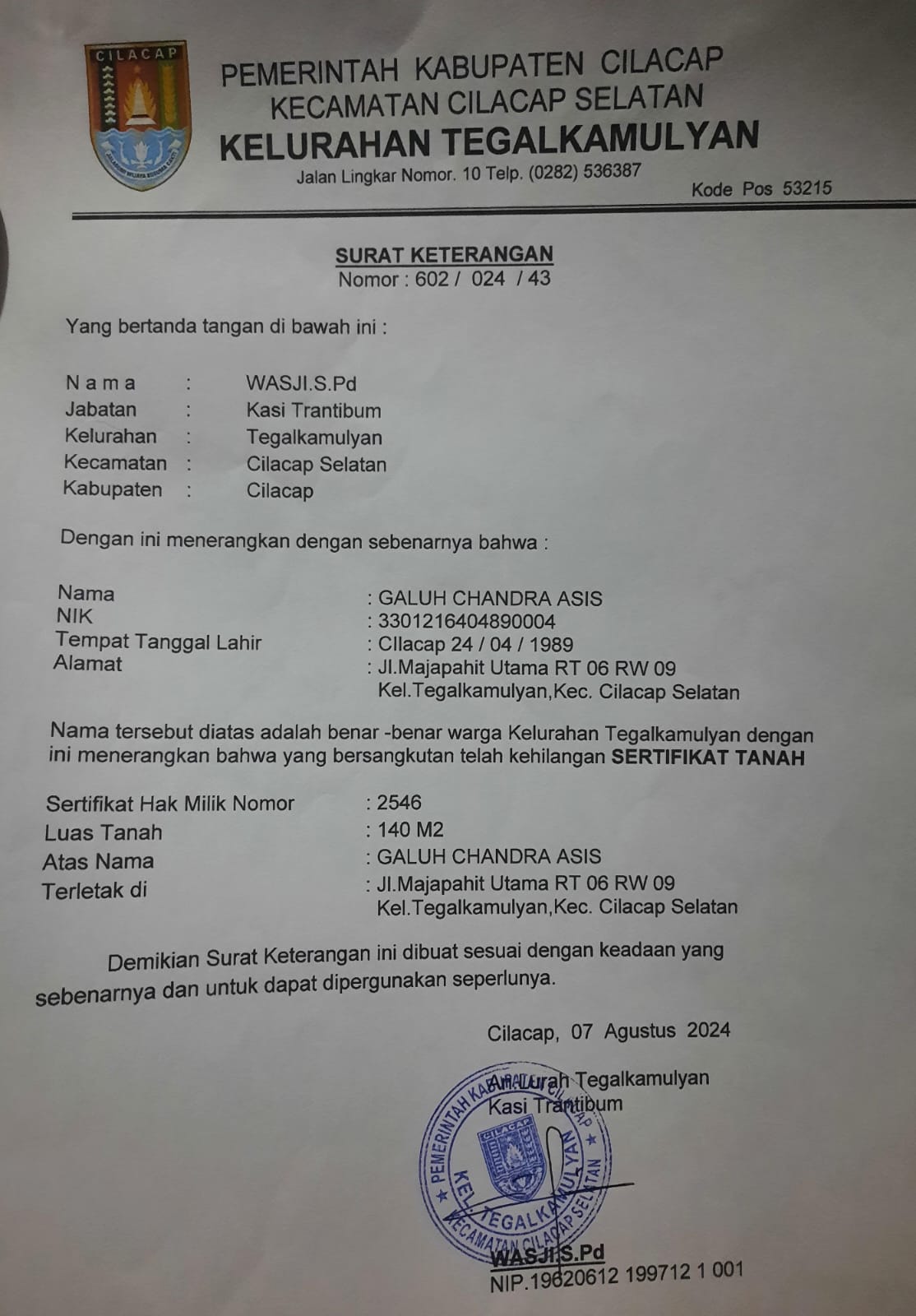 Kehilangan sertifikat 