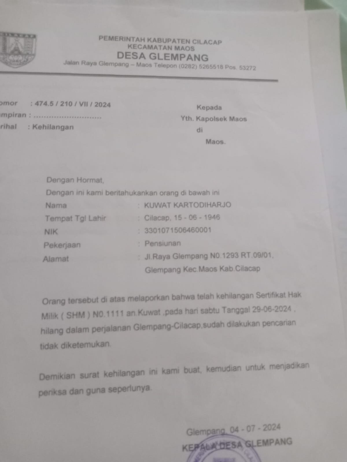 Kehilangan sertifikat rumah