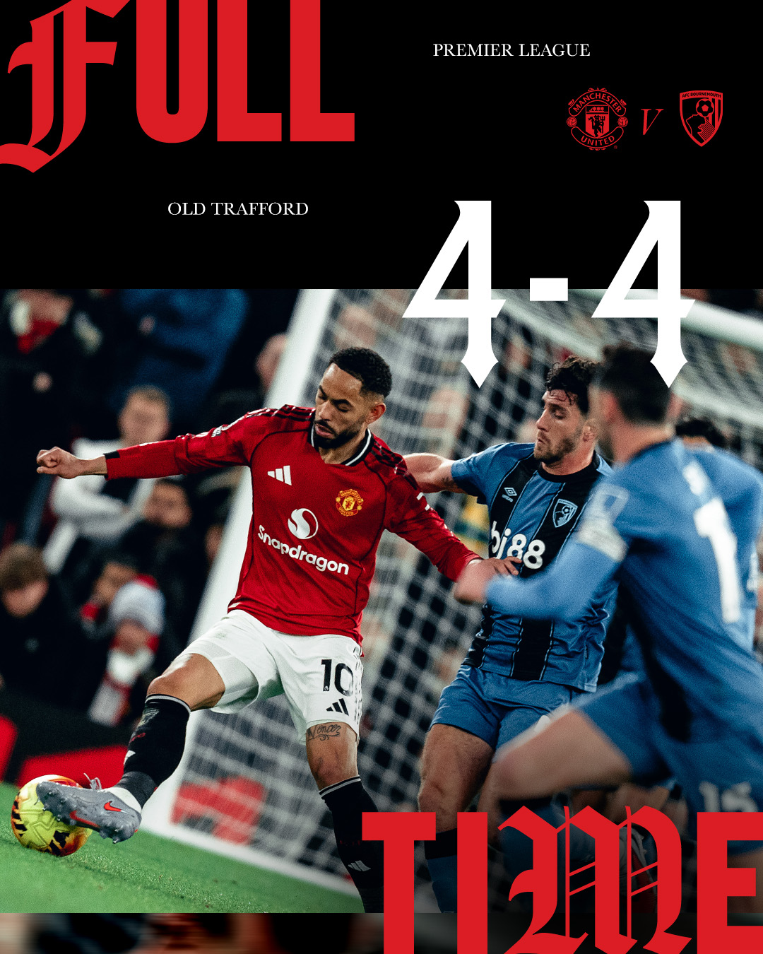 Bermain di kandang sendiri, Old Trafford, Manchester United harus puas berbagi poin setelah ditahan imbang Bournemouth dengan skor dramatis 4-4, Selasa (16/12/2025).