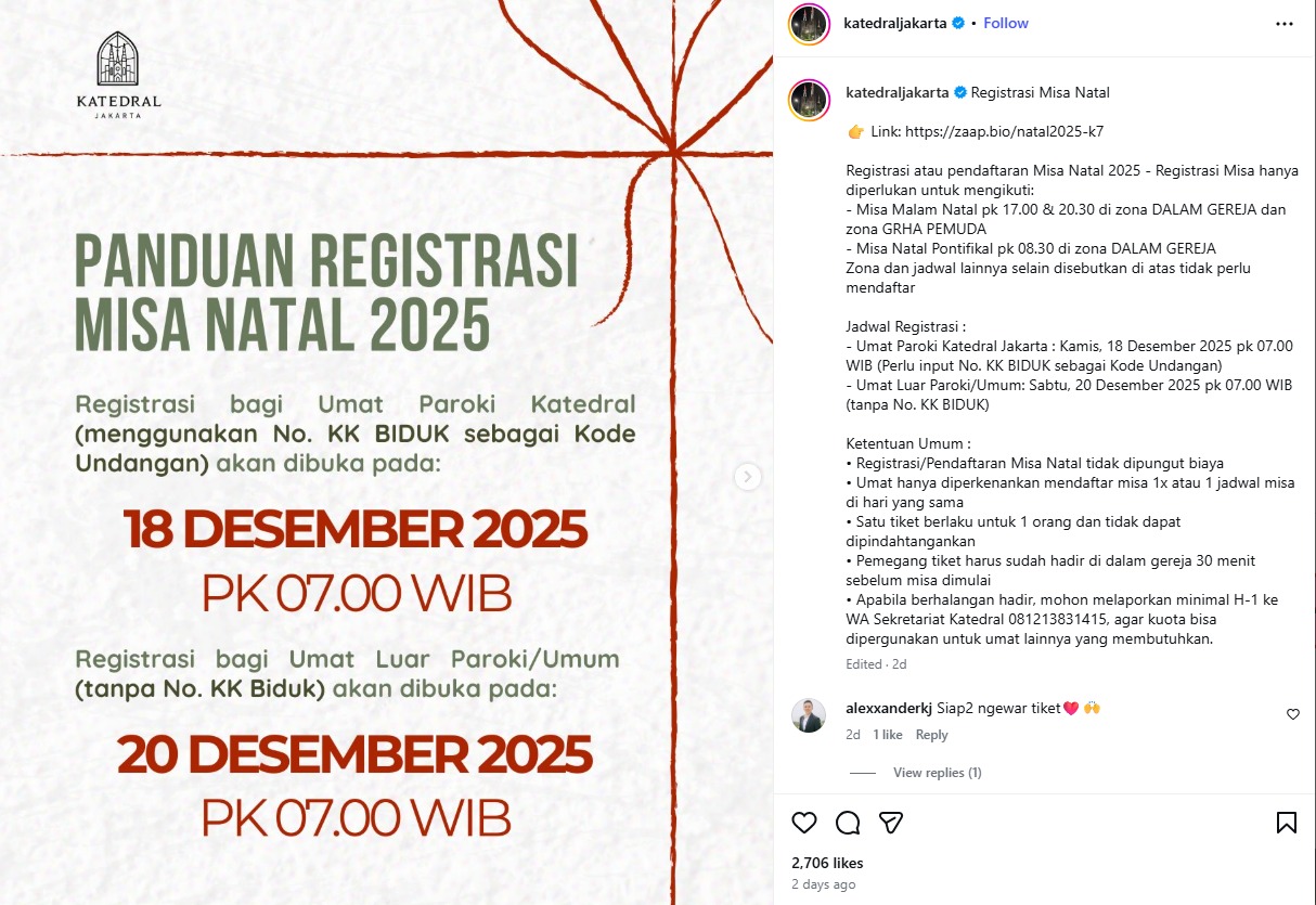 Cara Daftar Misa Natal 2025 di Katedral Jakarta, Wajib Registrasi Online dan Kuota Terbatas. (Foto : Instagram @katedraljakarta)