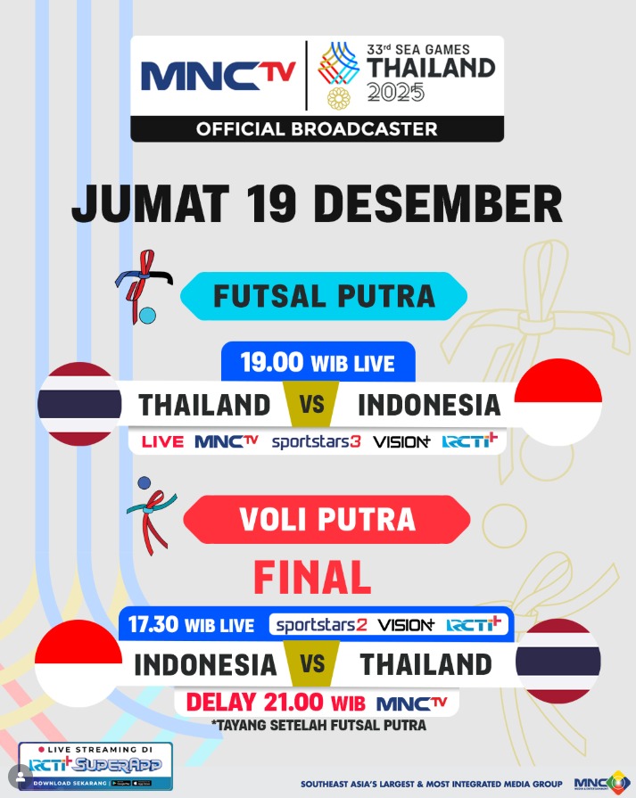 Cara Nonton Siaran Langsung Final Voli Putra SEA 2025 Hari Ini: Indonesia vs Thailand, Misi Emas Keempat! (Foto : Instagram @mnctvsports)