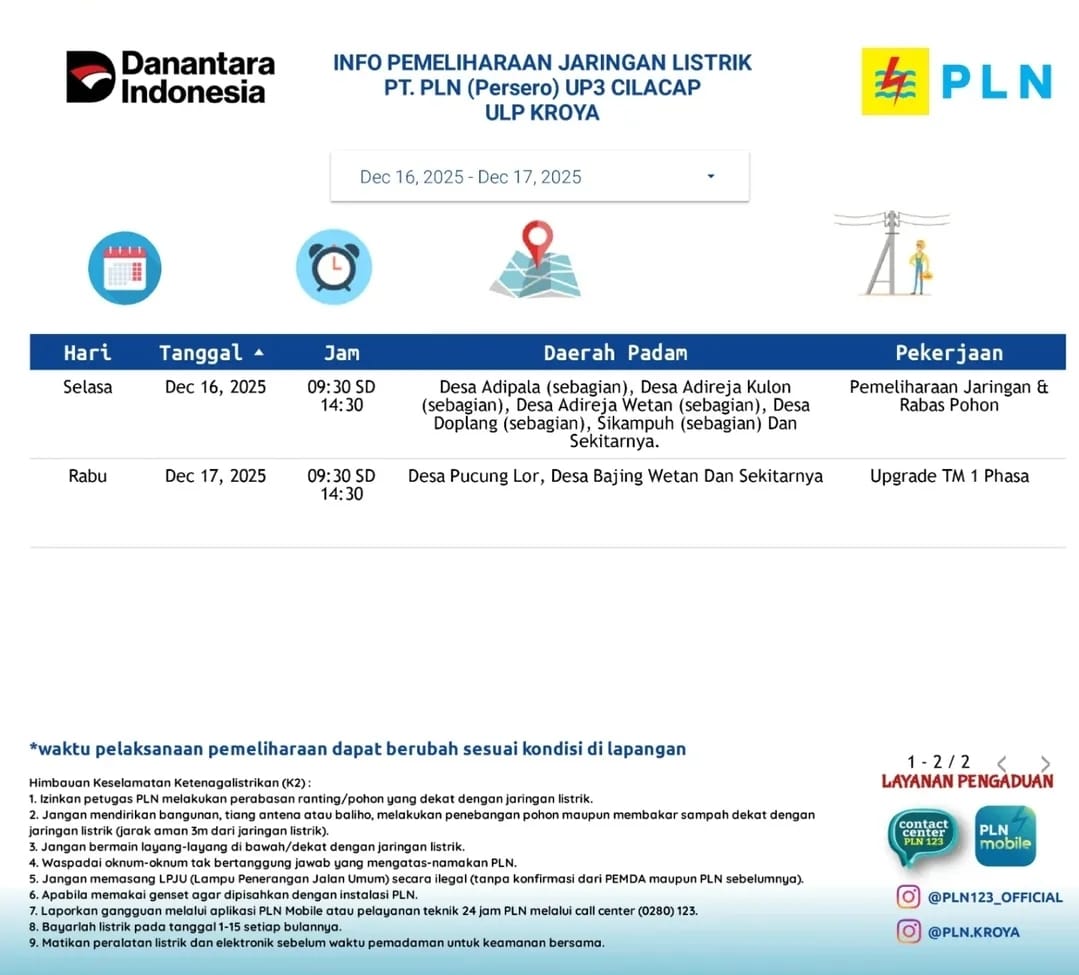 Flayer informasi pemeliharaan jaringan listrik di wilayah ULP Kroya. (PLN ULP Kroya).