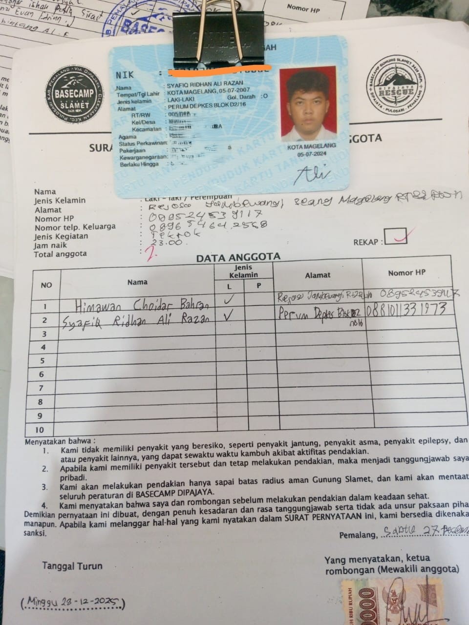 Data pendaki tektok yang hilang di Gunung Slamet. (Foto : Dok Posko Pendakian Dipajaya)