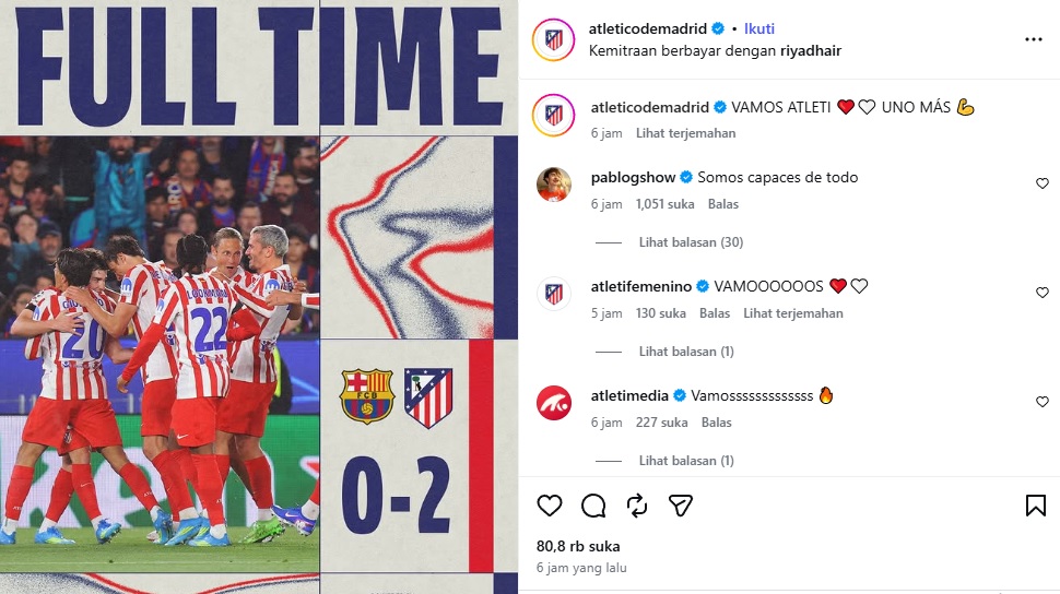 Barcelona harus mengakui keunggulan Atlético Madrid dengan skor 0-2 meski tampil dominan sepanjang pertandingan.