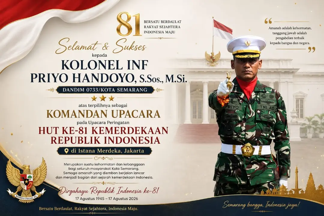 Kolonel Inf. Priyo Handoyo, S.Sos., M.Si., alumni SMAN 1 Purwokerto yang menjadi Komandan Upacara Peringatan Detik-Detik Proklamasi HUT ke-81 Kemerdekaan RI di Istana Merdeka. (Instagram @kodim_0733_semarang)